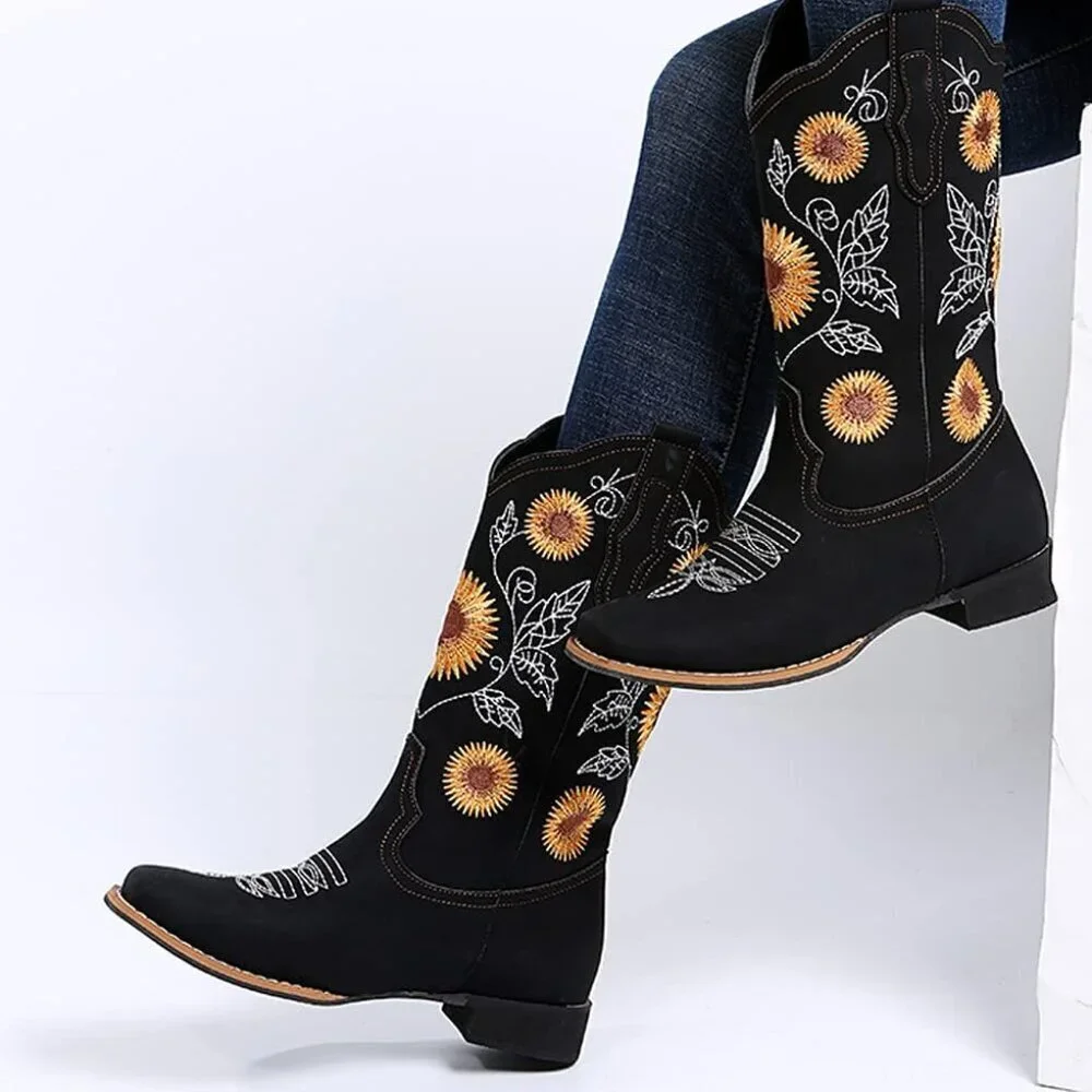 Women Black Mid-Calf Cowgirl Western Boots Embroidered Sunflower Low Heel